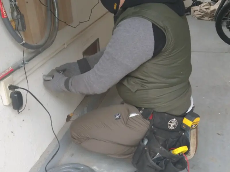 Electrician performing outlet wiring in a Sheffield garage